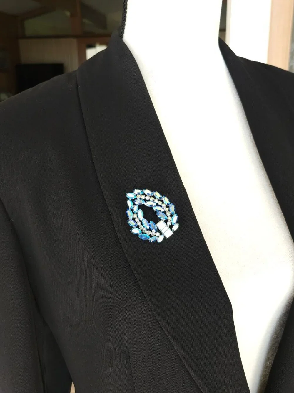Vintage B. David Peacock Blue AB Rhinestone Brooch & Earring Set